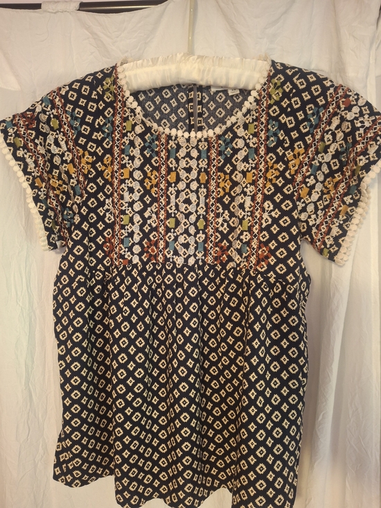 THML Tops - THML Boho Embroidered Navy Diamond Print Women's Top